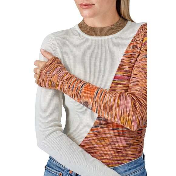 MISSONI Wool Rib Knit Asymmetric Colorblock Long Sleeve Mockneck Slim Sweater M - Picture 2 of 10